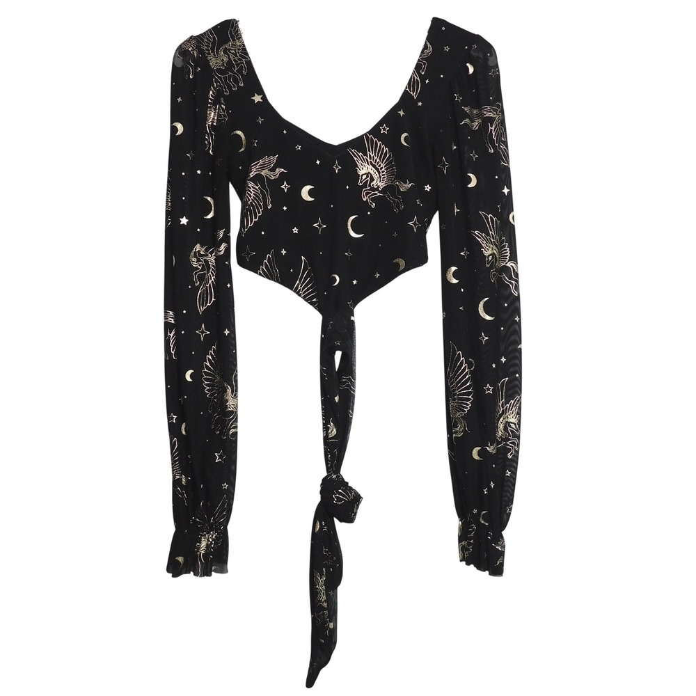 BlackMilk Pegasus Constellation Tie Front Long Sleeve Crop Top Black Gold Small
